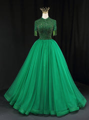 Green Tulle Short Sleeve High Neck Beading Prom Dresses