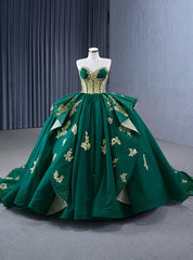 Green Tulle Sweetheart Gold Appliques Pearls Prom Dresses