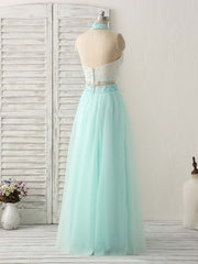 Green Tulle Two Pieces Long Prom Dress Lace Beads Formal Dress