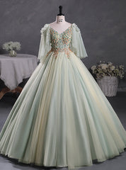 Green Tulle V-neck Backless Flower Quinceanera Dresses