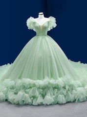 Green Tulle V-neck Beading Sequins Prom Dresses With Train