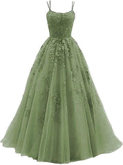 Green Tulle with Lace Applique Formal Gown, Green Evening Prom Dresses