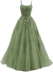 Green Tulle with Lace Applique Formal Gown, Green Evening Prom Dresses