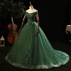 Green Tulle with Lace Applique Long Prom Dresses, Green Sweet 16 Dresses