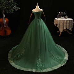 Green Tulle with Lace Applique Long Prom Dresses, Green Sweet 16 Dresses