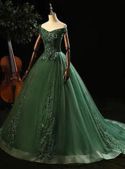 Green Tulle with Lace Applique Long Prom Dresses, Green Sweet 16 Dresses