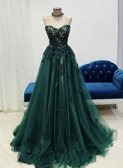 Green Tulle with Lace Applique Sweetheart Long Formal Dresses, Green Evening Gown