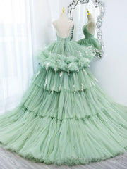 Green v neck tulle long prom gown, green tulle sweet 16 dress