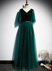 Green V-neckline Shiny Tulle Long Wedding Party Dresses Green Formal Dresses prom Dresses shops