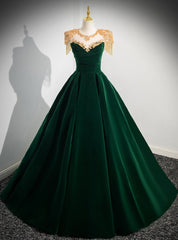 Green Velvet Cap Sleeve Appliques Beading Prom Dresses