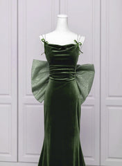 Green Velvet Straps Low Back Evening Dresses, Green Velvet Prom Dresses