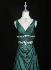 Green Vintage Style Taffeta with Lace Prom Dresses, Green Long Party Dresses