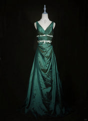 Green Vintage Style Taffeta with Lace Prom Dresses, Green Long Party Dresses