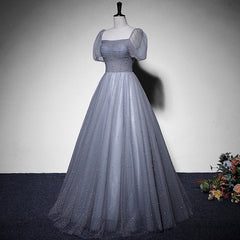 Grey Beaded Tulle Long Formal Dresses Party Dresses, Grey Evening Gown Formal Dresses