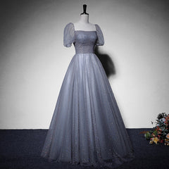 Grey Beaded Tulle Long Formal Dresses Party Dresses, Grey Evening Gown Formal Dresses