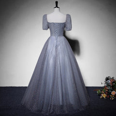 Grey Beaded Tulle Long Formal Dresses Party Dresses, Grey Evening Gown Formal Dresses