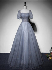 Grey Beaded Tulle Long Formal Dresses Party Dresses, Grey Evening Gown Formal Dresses