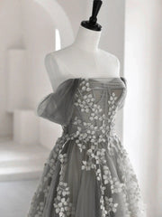 Grey Off Shoulder Tulle with Lace Applique Long Party Dress,Grey Prom Dress