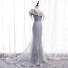 Grey One Shoulder Lace-up Shiny Long Prom Dress Party Dress, Grey Long Evening Dresses