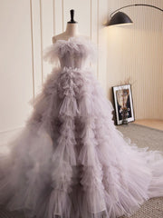 Grey Purple Tulle Long Prom Dresses, Grey Purple Evening Dress