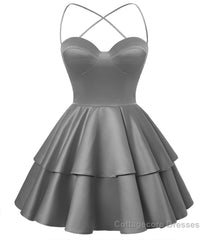 Grey Satin Homecoming Dress Sweetheart Neck Tiered Short Graduation Dresses