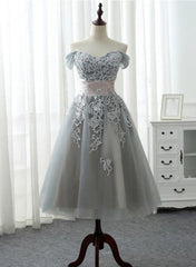 Grey Tea Length Formal Dress with Lace, Grey Bridesmaid Dress