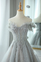 Grey Tulle Sweetheart Party Dress, A-Line Tulle Floor Length Prom Dress Evening Dress