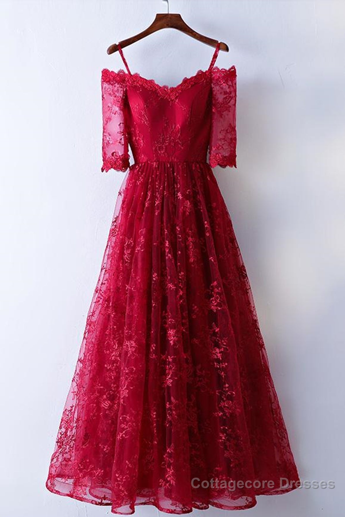 Half Sleeves Burgundy Lace Prom Dresses, Wine Red Half Sleeves Long Lace Formal Evening Dresses