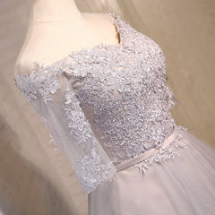 Half Sleeves Short Gray/Blue Lace Prom Dresses, Short Gray/Blue Lace Homecoming Bridesmaid Dresses