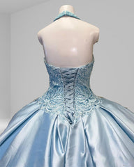 Halter Beaded Sky Blue Satin Ball Gown Quincea?era Dresses