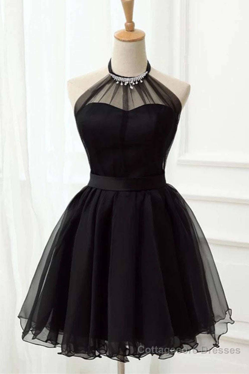 Halter Neck Backless Black Short Prom Dress, Open Back Black Homecoming Dress