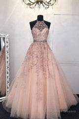 Halter Neck Pink Lace Long Prom Dress with Belt, Pink Lace Formal Dress, Pink Evening Dress