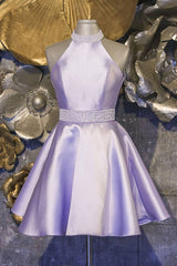 Halter Short Lavender A Line Satin Homecoming Dresses with Beading