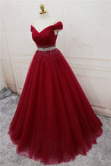 Handmade A-line Prom Dresses , Off Shoulder Wine Red Party Dresses