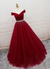 Handmade A-line Prom Dresses , Off Shoulder Wine Red Party Dresses