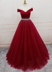 Handmade A-line Prom Dresses , Off Shoulder Wine Red Party Dresses