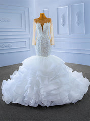 Heavy Beading White Mermaid Long Sleeve Wedding Dresses