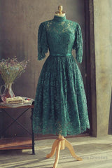 High Neck Half Sleeves Green Lace Prom Dress, Green Lace Formal Graduation Homecoming Dress