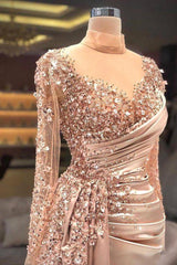 High Neck Mermaid Long Sleeves Lace Sequined Floor-length Long Sleeve With Side Train Prom Dresses