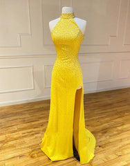 High Neck Mermaid Yellow Prom Dresses with Split