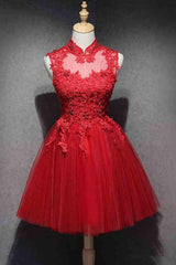 High Neck Red Lace Short Prom Dresses,Homecoming Dresses,Red Formal Graduation Evening Dresses