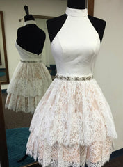 High Neck White Homecoming Dresses Cheap Prom Dresses Short Short Lace Backless Homecoming Dresses