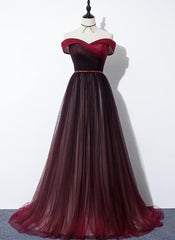 High Quality Gradient Dark Red Sweetheart Long Prom Dresses, Tulle Evening Dresses