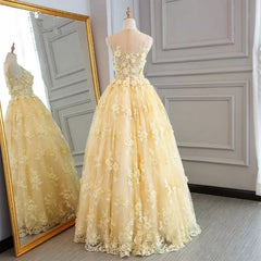 High Quality Lace Yellow Long Party Gown, A-line Evening Dresses