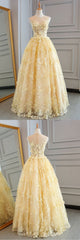 High Quality Lace Yellow Long Party Gown, A-line Evening Dresses