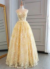 High Quality Lace Yellow Long Party Gown, A-line Evening Dresses