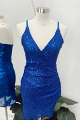 Royal Blue Sequins Deep V Neck Faux-Wrap Homecoming Dresses