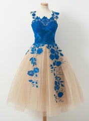 Homecoming Dresses Elegant V-neck A-line Blue Appliques Tulle Knee length Homecoming Dresses