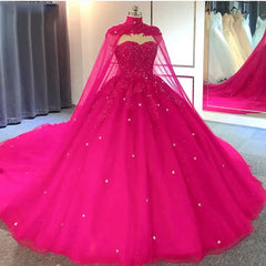 Hot Pink Detachable Cape Quinceanera Sweet 16 Ball Gown Prom Dresses