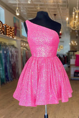 Hot Pink One Shoulder A Line Short Homecoming Dresses Sequins